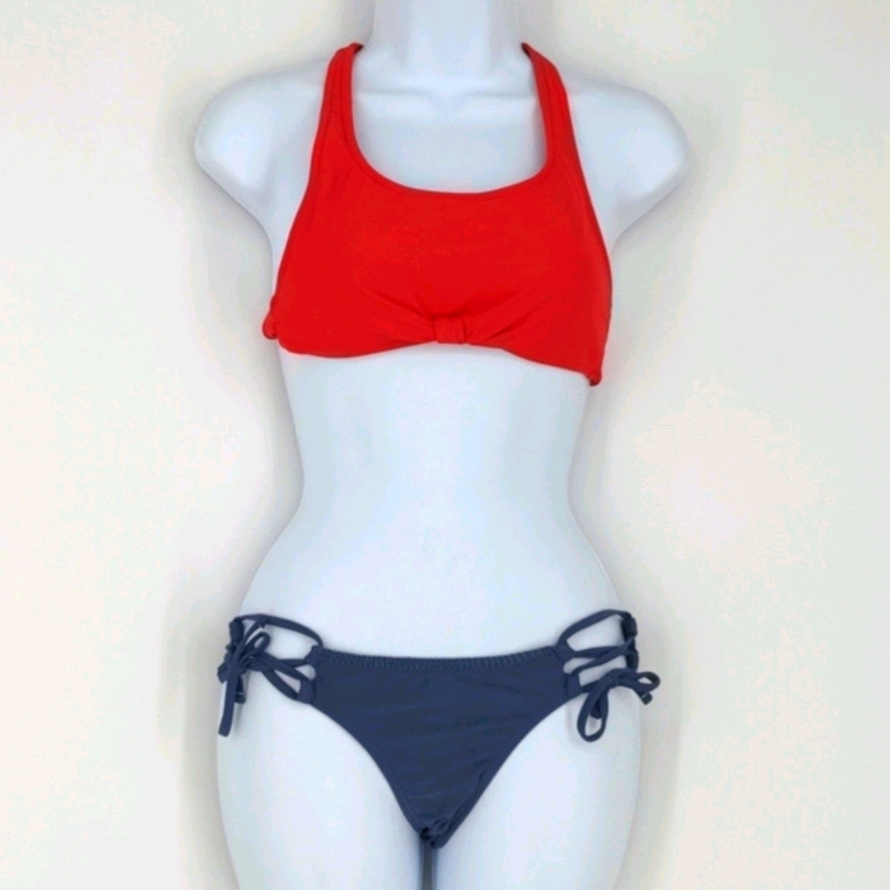 Xhilaration Red Blue Gray Tie Bow Swim Beach Bikini Set Small